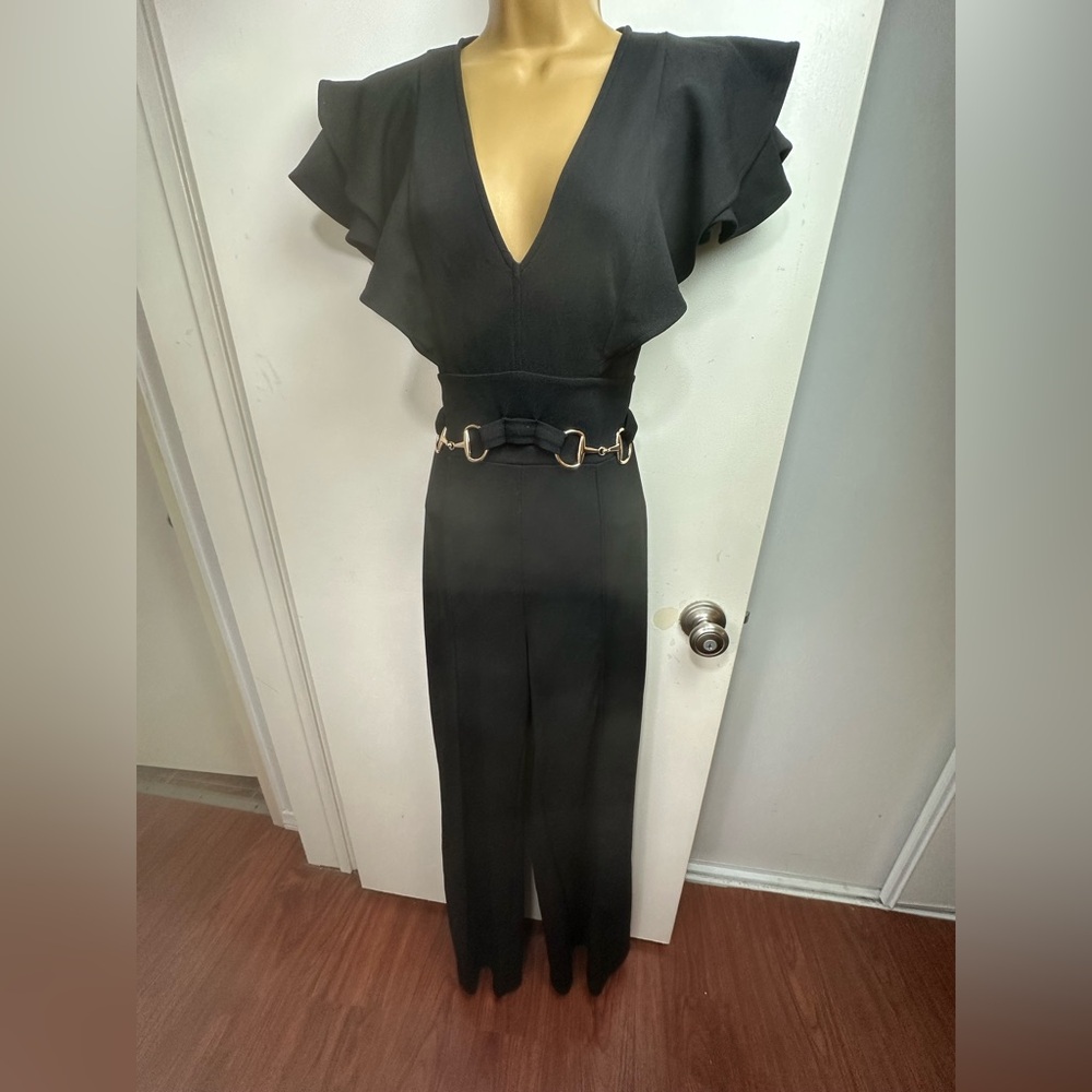 Janimy Martinez Black Tiered Ruffle Sleeves Gold Belt Detail‎ Flared Jumpsuit L